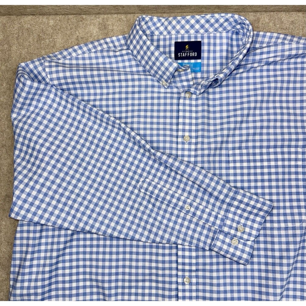 Stafford Coolmax Shirt Mens 2XL 18-18.5 Blue Gingham Button Up Long Sleeve